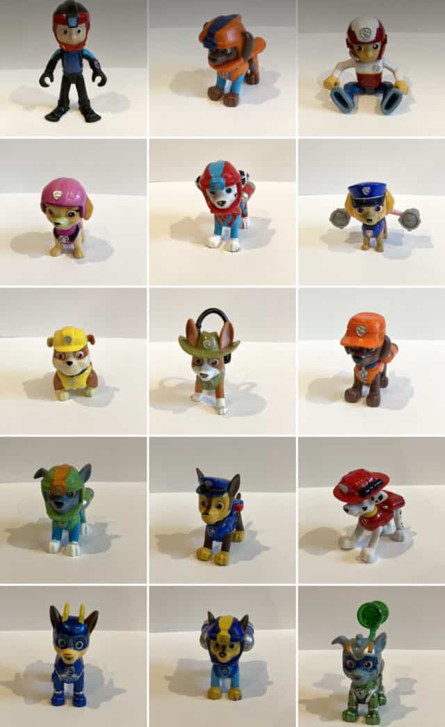 easy to print toy hunt photos white squares on a piece of paper each featuring a Paw Patrol character or vehicle.